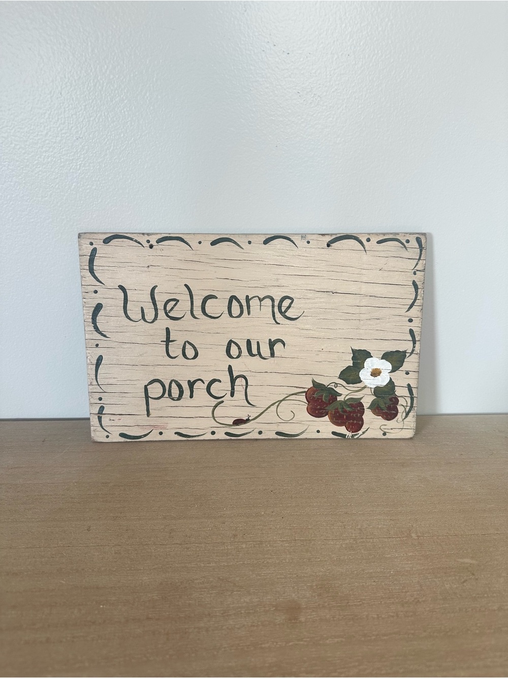 Welcome to Our Porch Decorative Farmhouse Wood Sign - Beige with strawberries